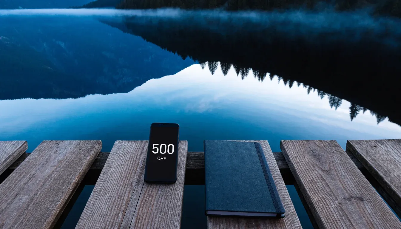 Ein Bergsee in der Dämmerung mit einem leeren Holzsteg, die Wasseroberfläche ist ruhig und Nebel zieht über die Hänge.