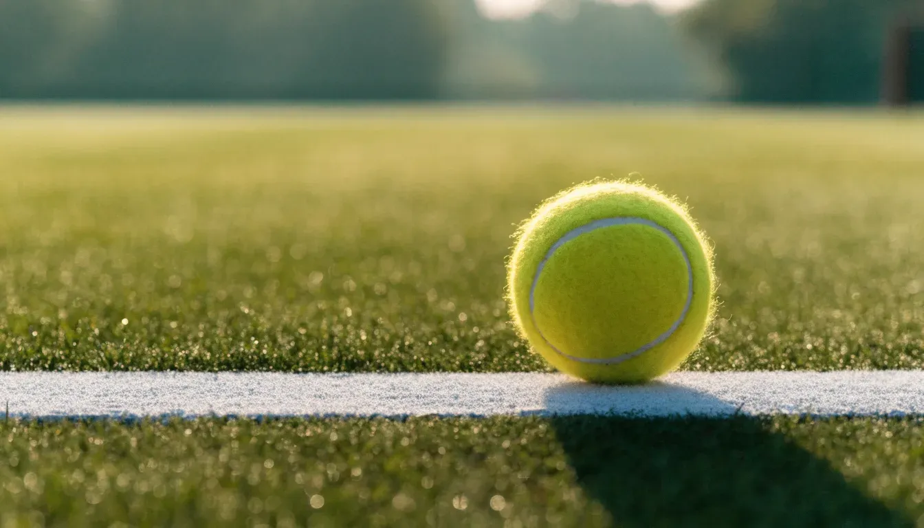 Ein gelber Tennisball liegt im Gras neben der weissen Grundlinie, Tau glitzert auf den Halmen im flachen Sonnenlicht.