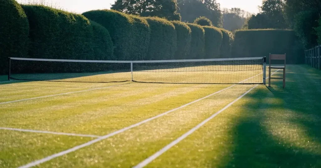 Ein Tennisplatz aus Rasen im ersten Morgenlicht mit frisch gezogenen Linien, einem Netz und einem leeren Schiedsrichterstuhl, dahinter hohe Hecken.