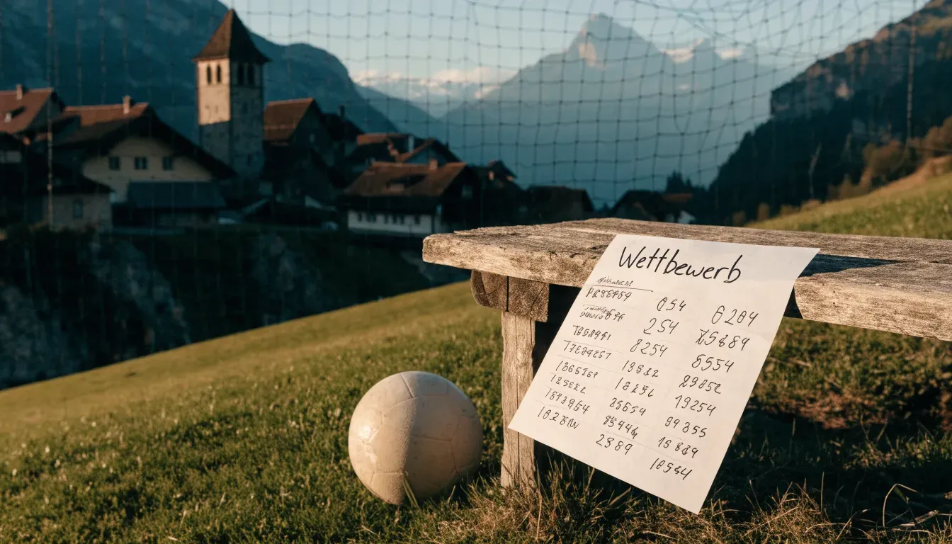 Ein Schweizer Bergdorf mit Kirchturm und einem kleinen Fussballplatz am Hang, im Hintergrund schneebedeckte Gipfel.