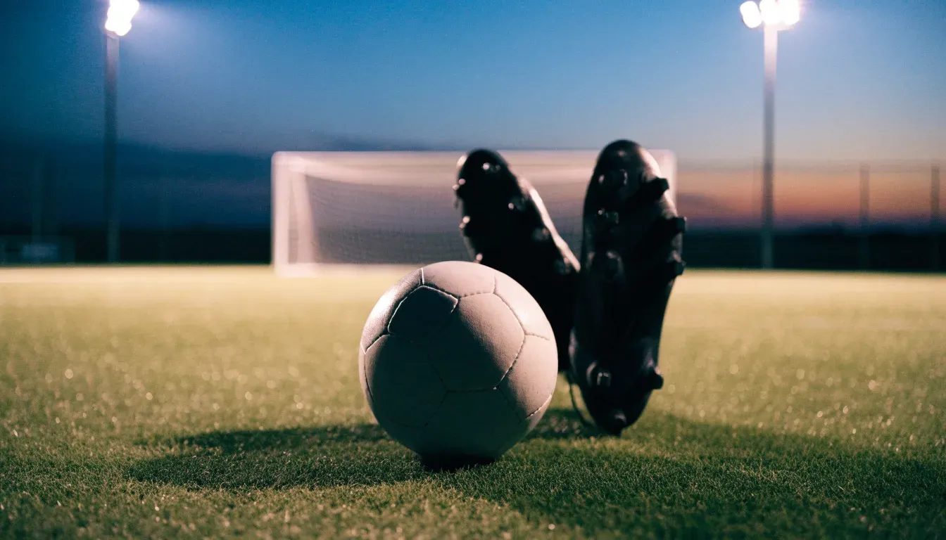 Ein Fussball und ein Paar Stollenschuhe stehen am Rand eines Kunstrasenplatzes, Flutlichtmasten ragen in den Abendhimmel.