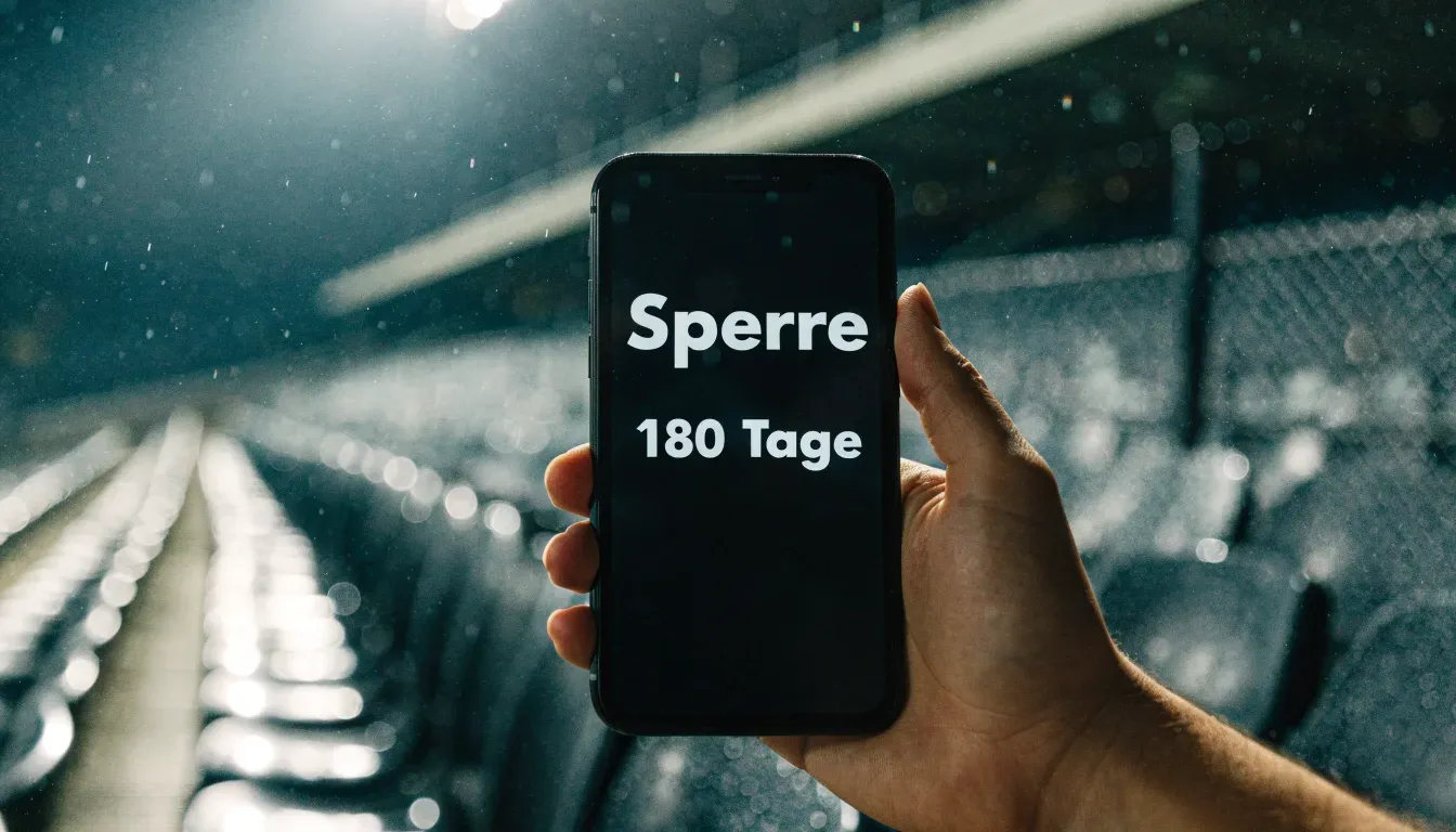 Ein aufgespannter Regenschirm liegt auf einer leeren Tribünenbank, Regentropfen glitzern im Licht der Flutlichter.