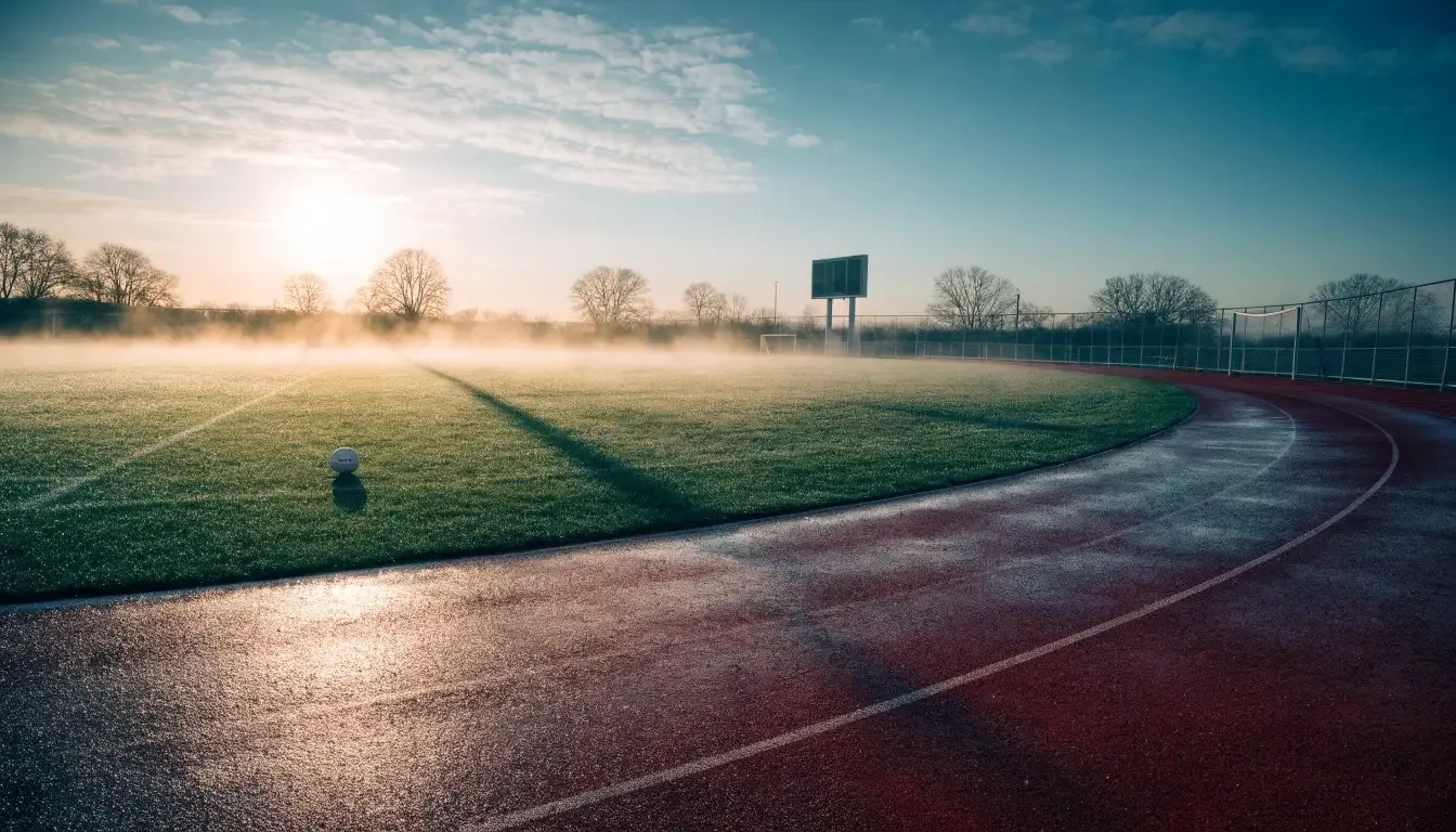 Eine rote Laufbahn umringt ein Fussballfeld beim Sonnenaufgang, auf dem Rasen liegt Tau.