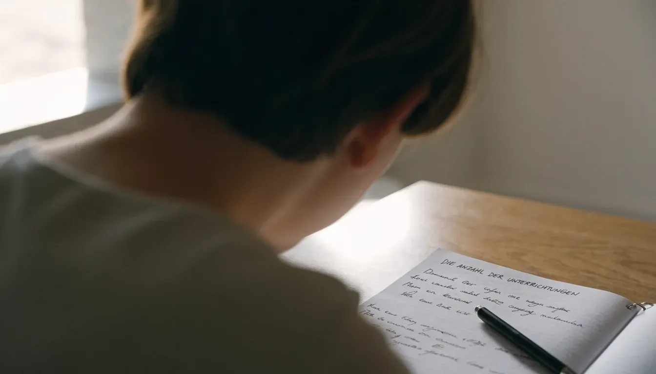 Ein aufgeschlagenes Notizbuch mit handschriftlichen Notizen und ein Kugelschreiber liegen auf einem Holztisch neben einem Fenster mit Tageslicht.