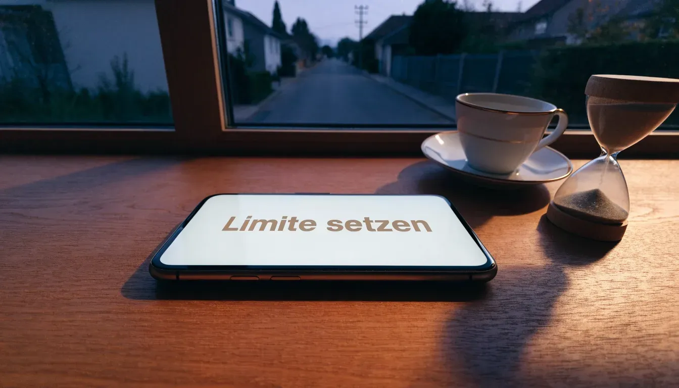 Eine Sanduhr steht auf einem Fensterbrett neben einer Tasse Tee, draussen dämmert es über einer ruhigen Strasse.