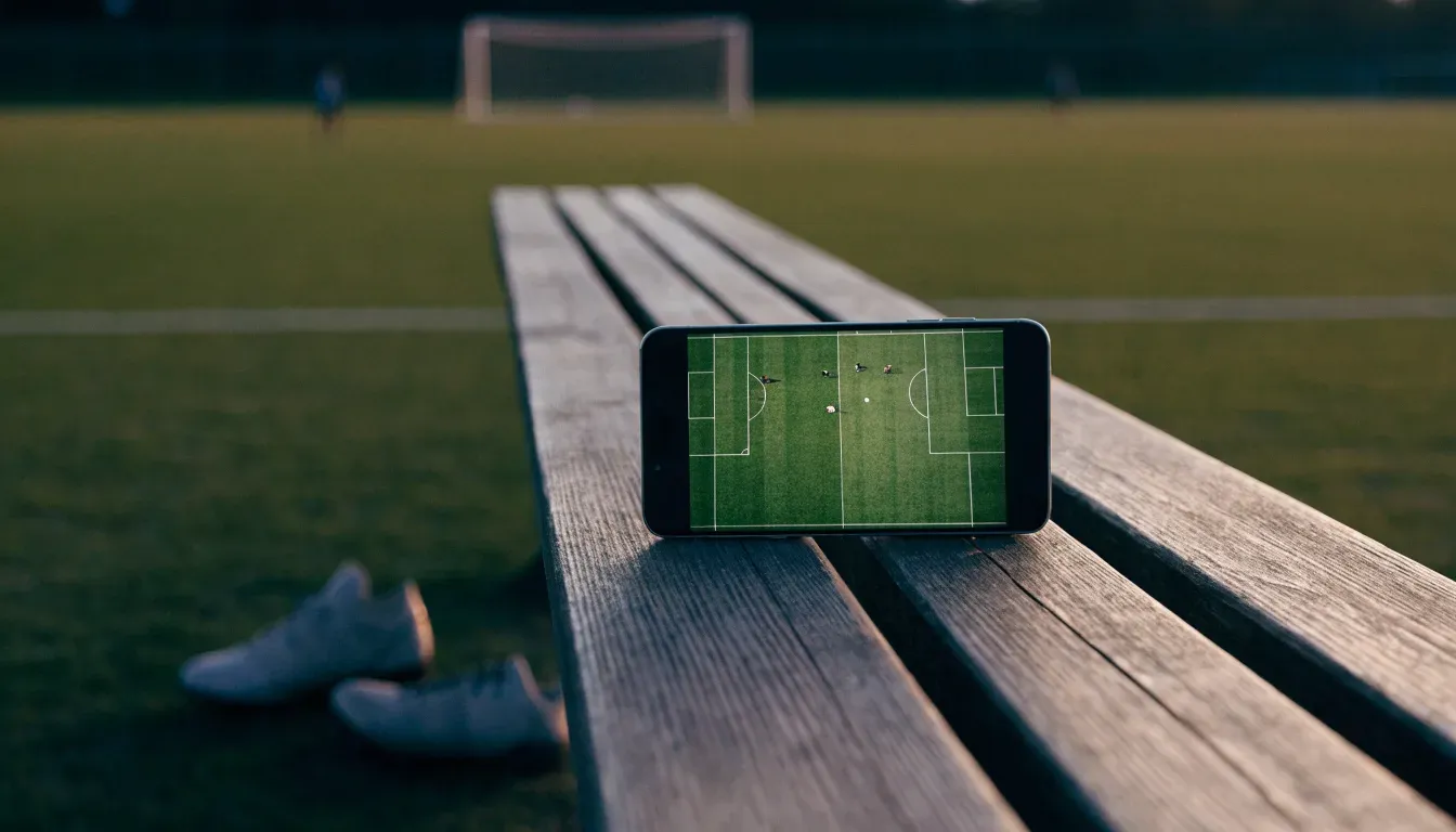 Ein Fussballschuh hängt an den Schnürsenkeln an einem Zaunpfosten neben einem Trainingsplatz im Abendlicht.