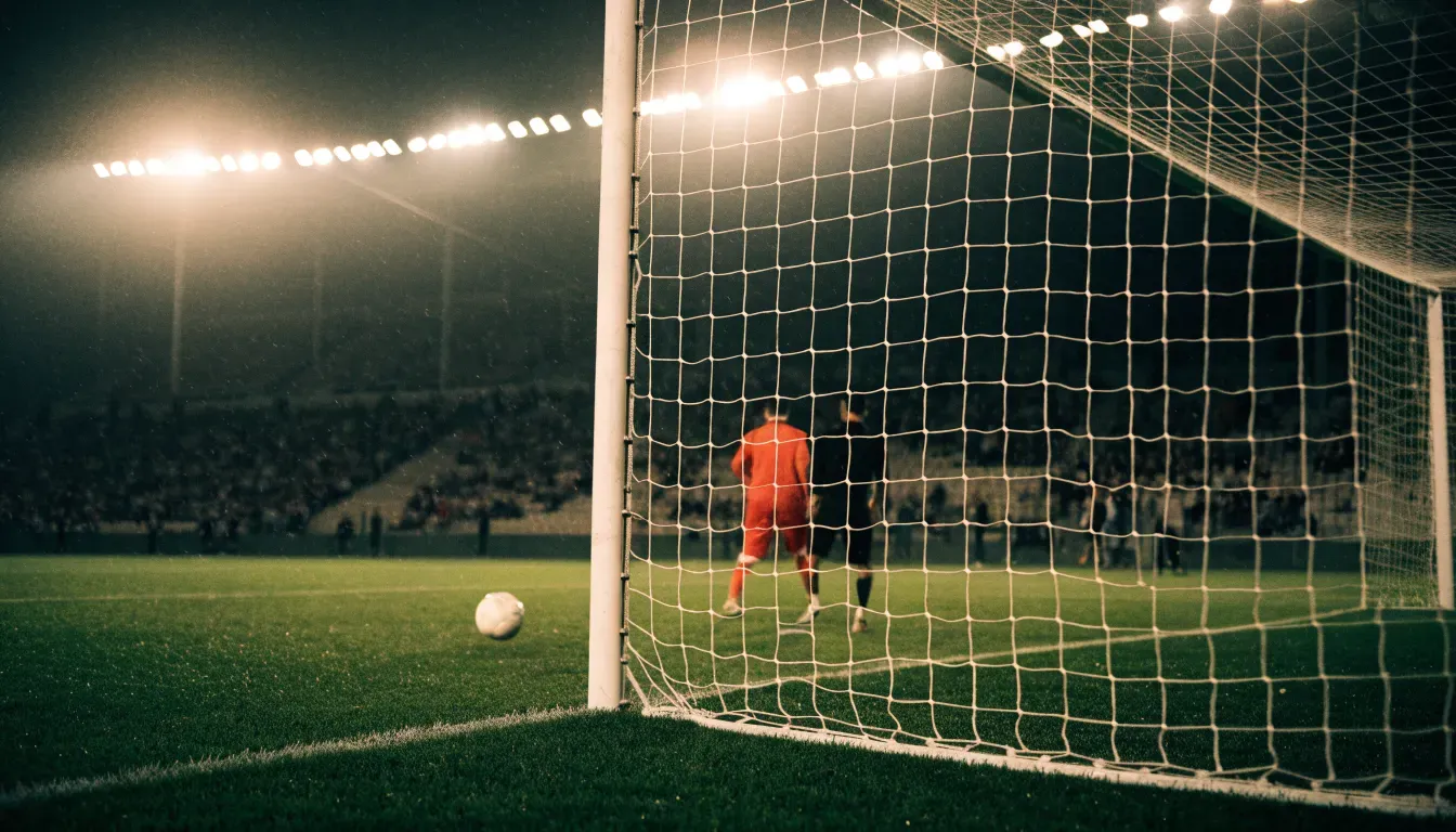 Ein Torpfosten mit Netz steht im Gegenlicht auf einem leeren Fussballplatz, über dem Rasen liegt Nebel.