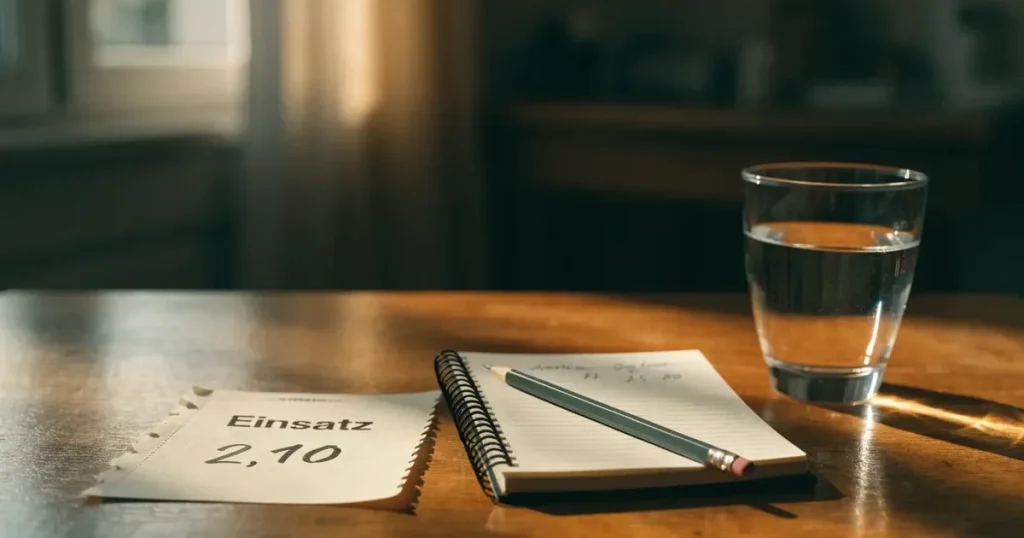 Ein Taschenrechner und ein Bleistift liegen auf einem Holztisch, daneben steht ein halb gefülltes Glas Wasser.