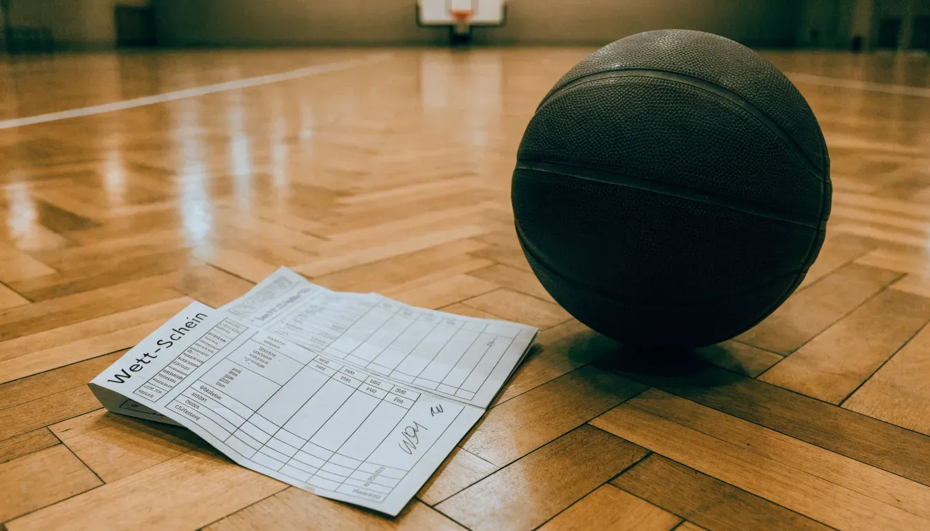 Ein Basketball liegt auf dem Parkett einer leeren Sporthalle im Licht der Deckenlampen.