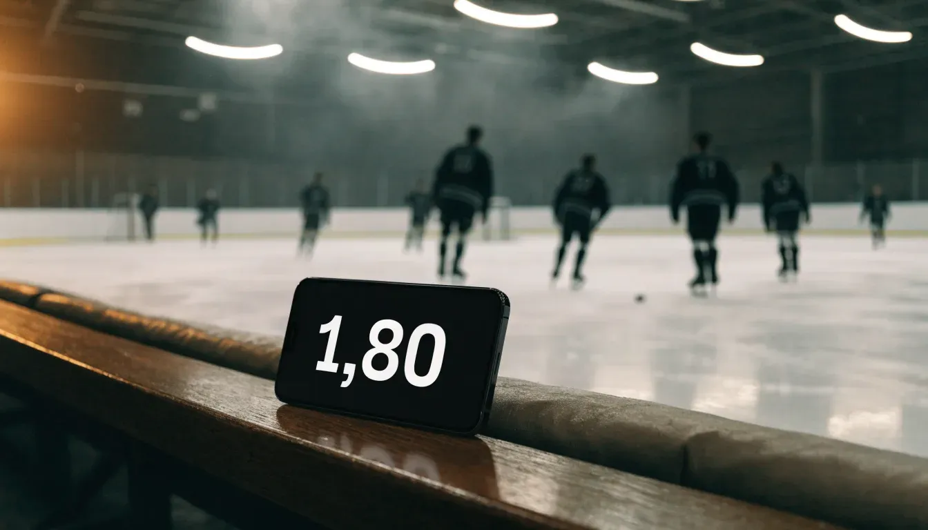 Ein Eishockeyschläger lehnt an der Bande einer leeren Halle, auf dem Eis spiegeln sich die Deckenlampen.