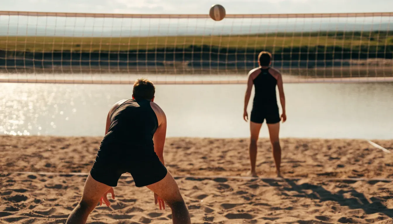Ein Volleyball liegt auf dem Sand eines Strandfeldes am Seeufer, im Hintergrund glitzert das Wasser.