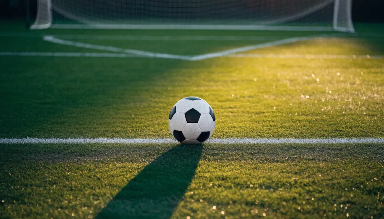 Ein einzelner Fussball liegt auf dem Elfmeterpunkt eines leeren Strafraums, der Rasen glänzt nass.