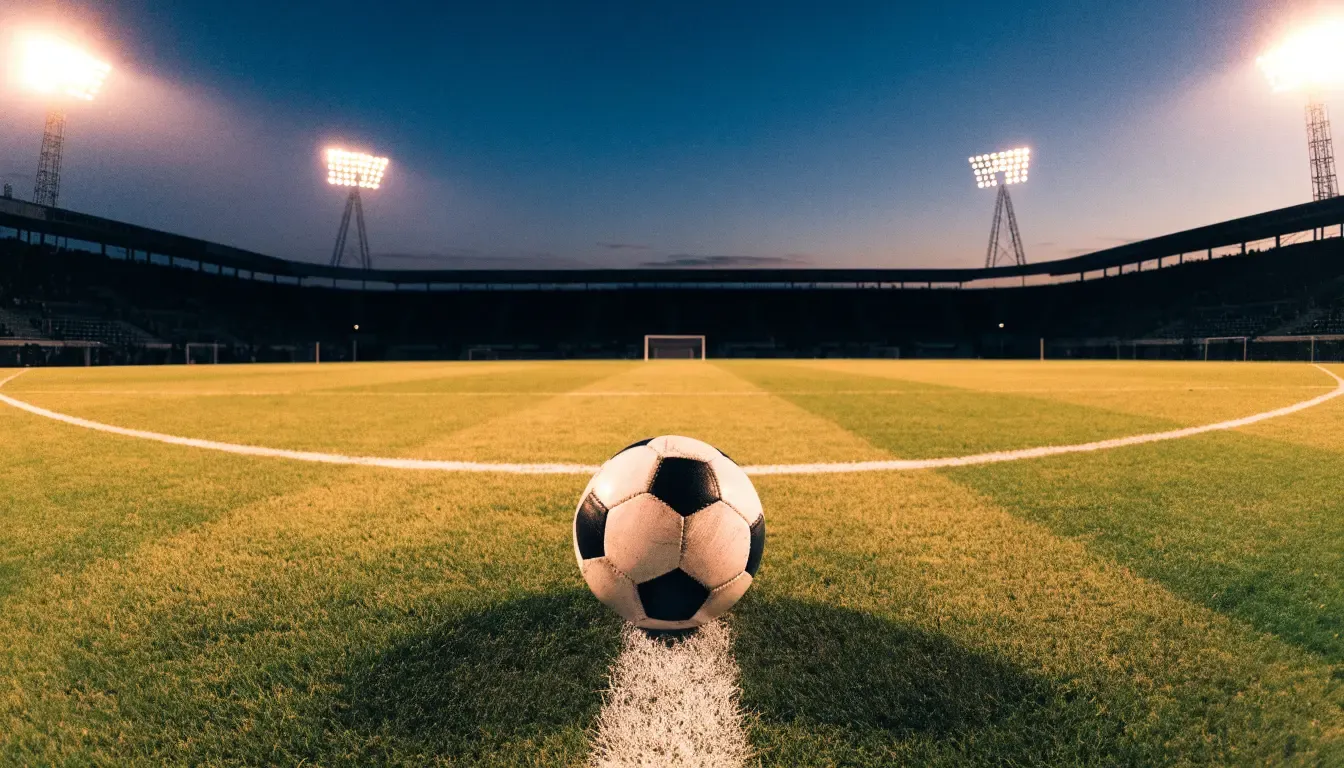 Ein Fussball liegt auf dem Mittelpunkt eines leeren Rasenplatzes, im Hintergrund ragen Flutlichtmasten in die Abenddämmerung
