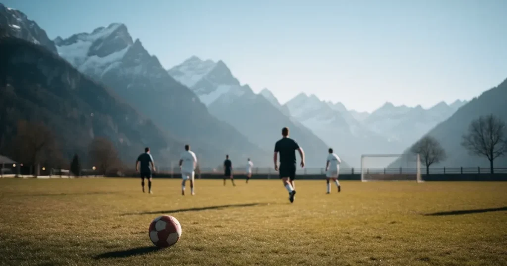 Ein Dorf-Sportplatz mit einem Ball am Strafraumrand, dahinter schneebedeckte Alpengipfel im klaren Morgenlicht