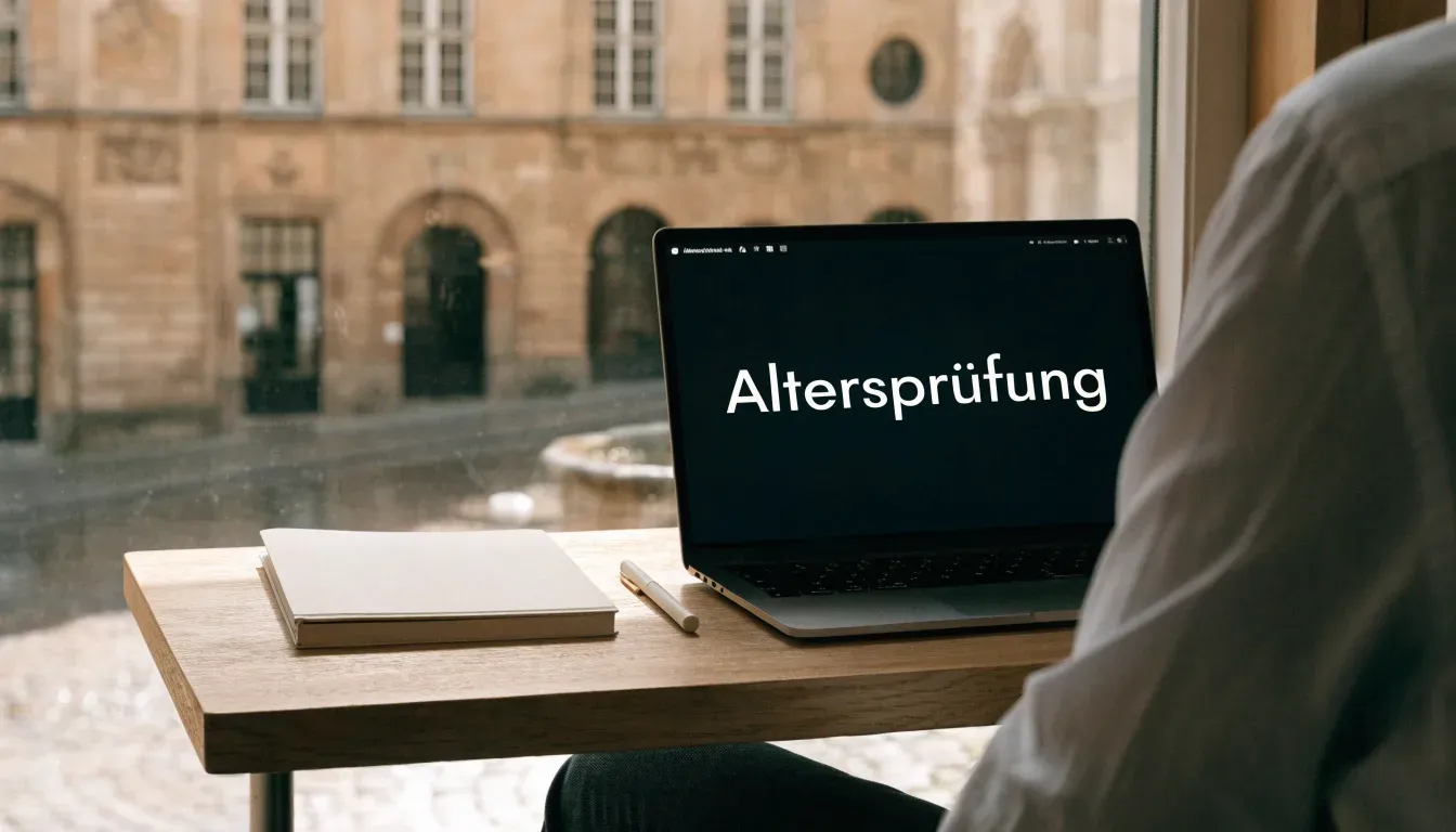 Ein Brunnen vor einer Sandsteinfassade in einer Altstadtgasse, nasses Kopfsteinpflaster und gedämpftes Licht eines bewölkten Morgens