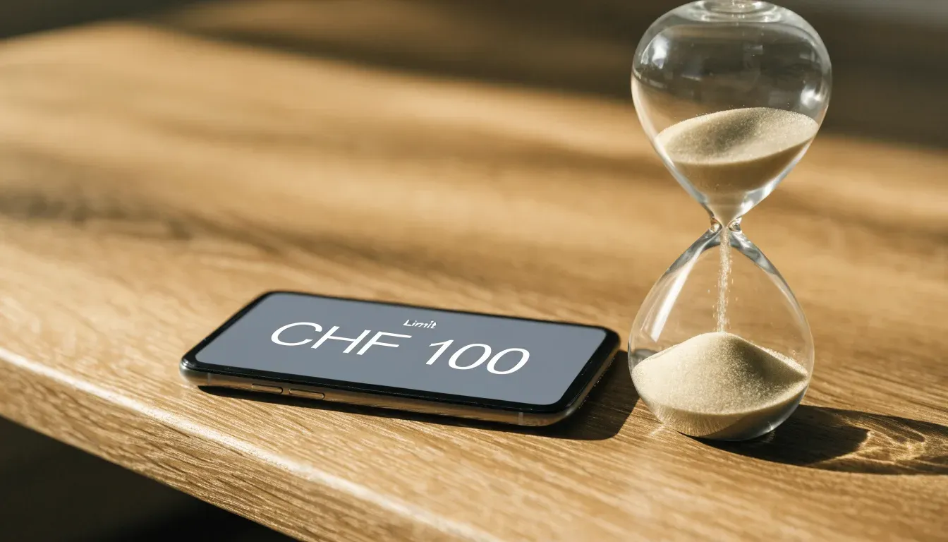 Eine Sanduhr steht neben einem Smartphone mit dunklem Display auf einem Holztisch, ruhiges Tageslicht fällt von der Seite ein