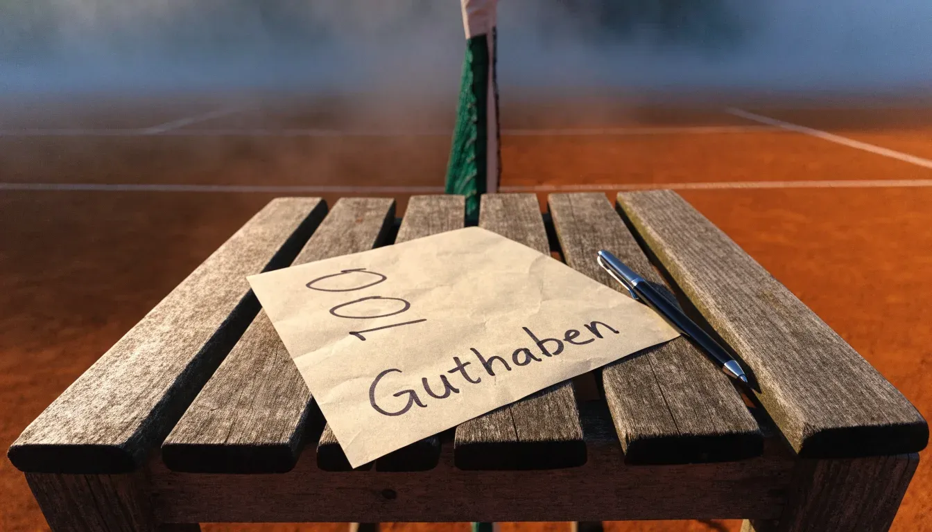 Ein Tennisplatz mit Sandbelag in der Morgendämmerung, Netz und Linien liegen im ersten Licht, Nebel hängt über dem Boden