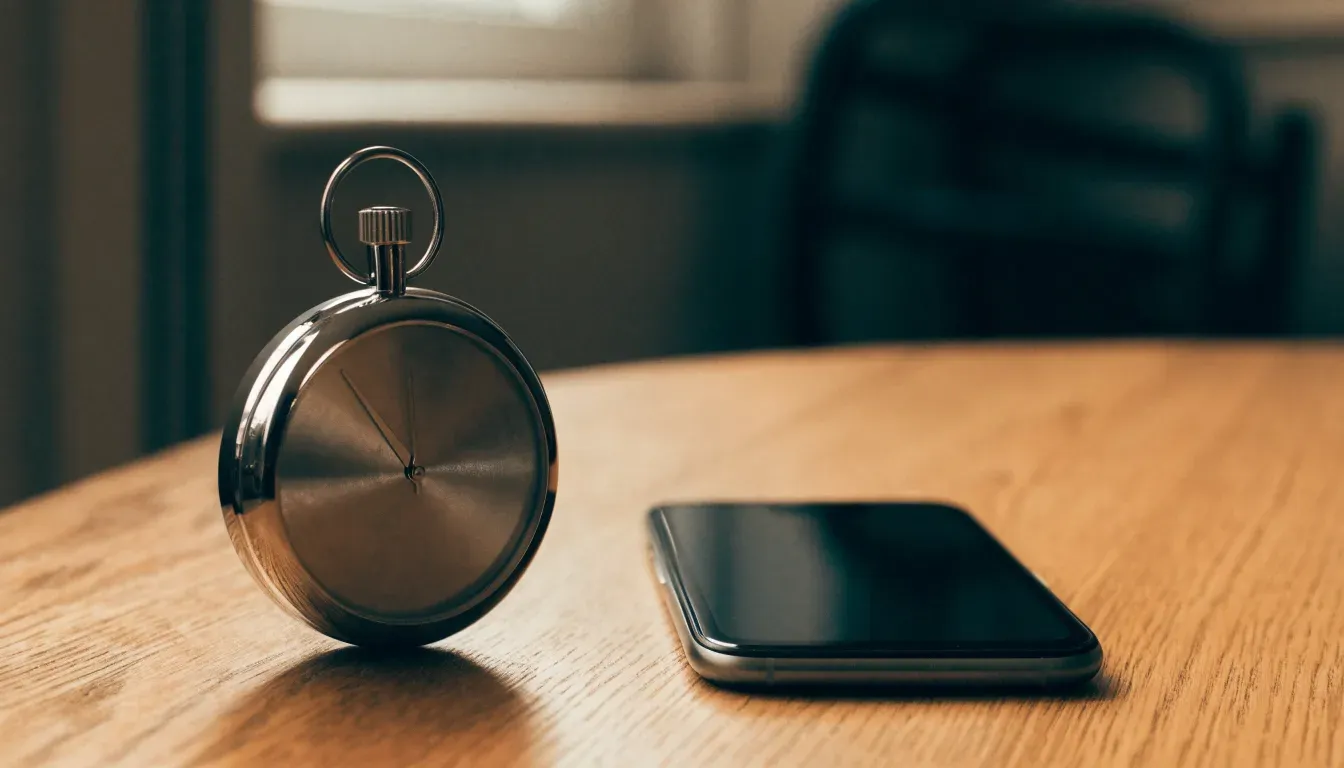Eine Stoppuhr und ein Smartphone mit dunklem Display liegen nebeneinander auf einem Holztisch, weiches Fensterlicht