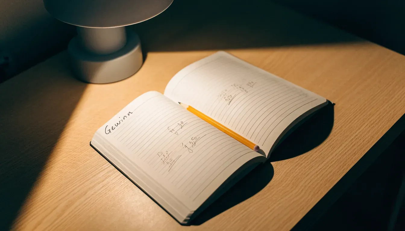 Ein Taschenrechner und ein Bleistift liegen auf einem leeren Blatt Papier, schräges Licht einer Schreibtischlampe
