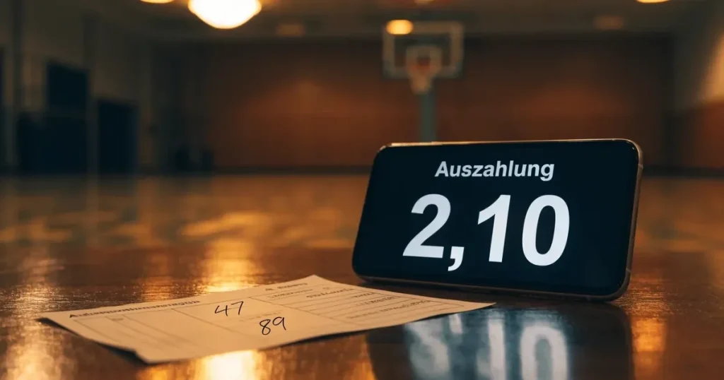 Ein Basketballkorb in einer leeren Halle, der Parkettboden glänzt im Licht der Deckenlampen