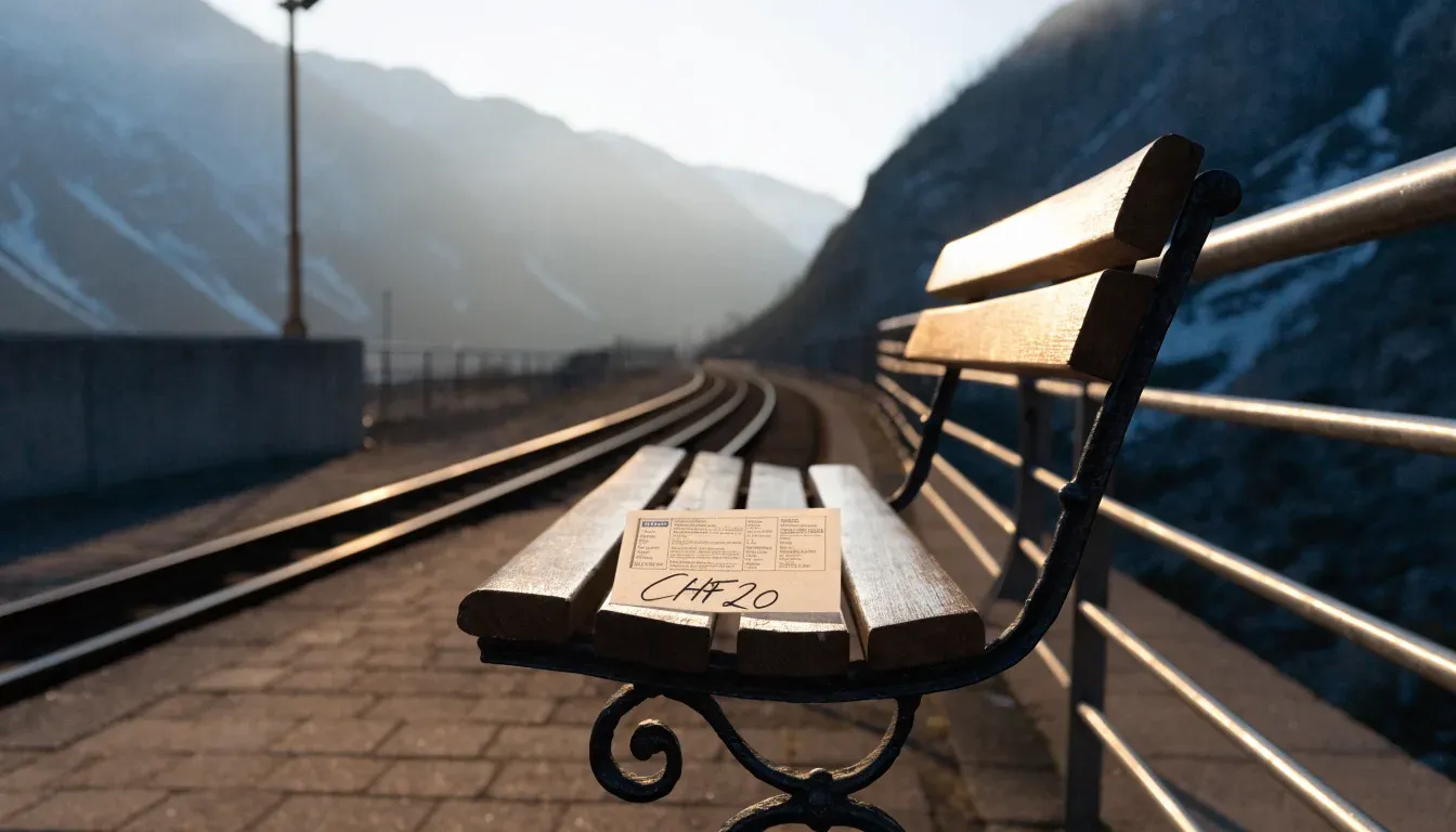 Ein Bahngleis in den Bergen mit Schneeresten und einem leeren Perron im Morgengrauen