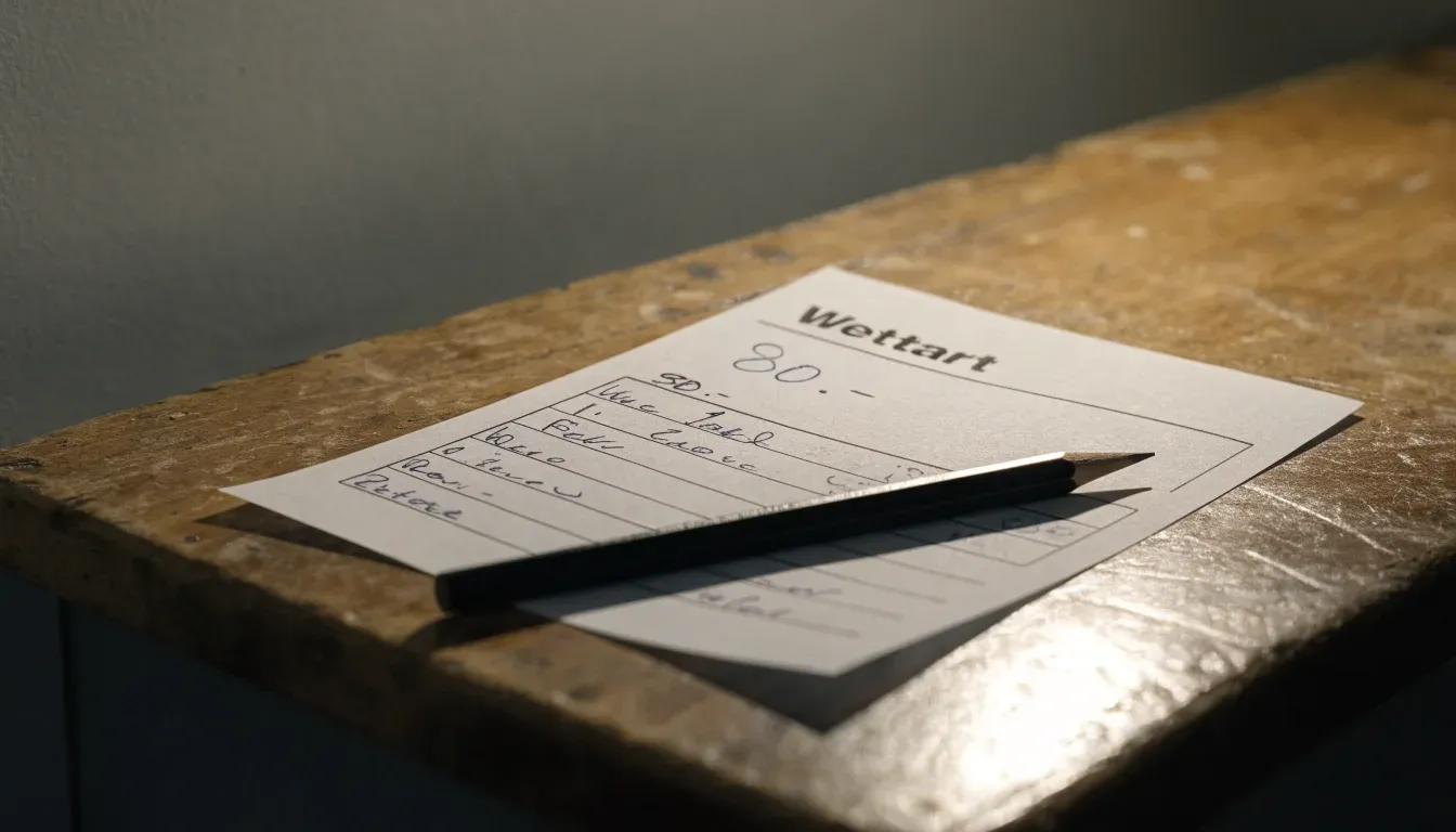 Ein leerer Wettschein aus Papier und ein Bleistift liegen auf einem Holztresen, warmes Licht einer Lampe
