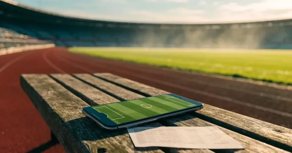 Eine rote Laufbahn in einem leeren Leichtathletikstadion, Morgentau liegt auf dem Rasen in der Mitte
