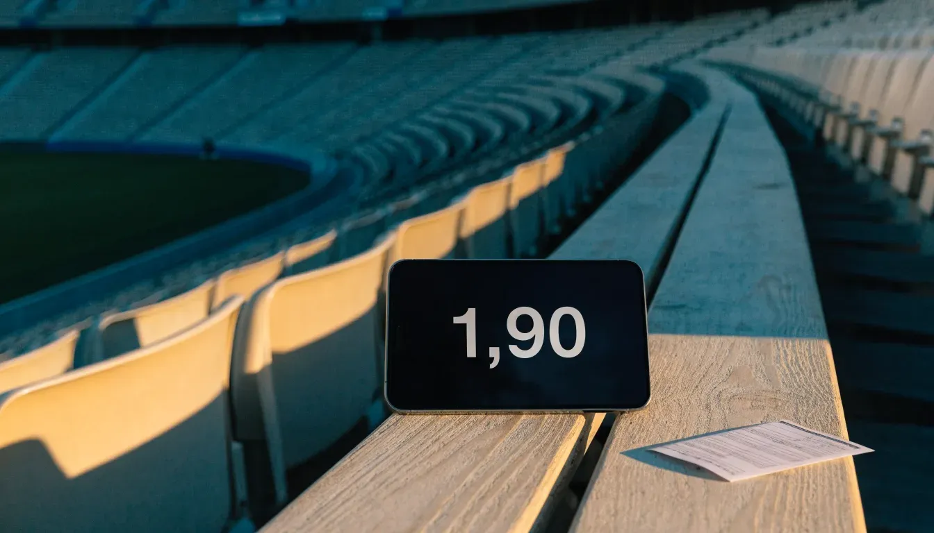 Eine leere Stadiontribüne bei Sonnenaufgang aus der Ferne, lange Schatten fallen über die Sitzreihen
