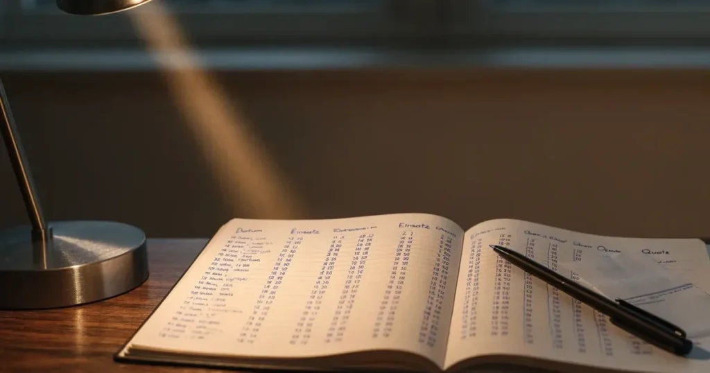 Ein Notizbuch mit handschriftlichen Spalten und ein Kugelschreiber neben einem Taschenrechner, Licht einer Schreibtischlampe