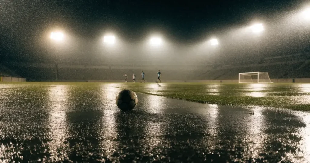 Ein Fussballplatz mit Kunstrasen im Regen, Pfützen spiegeln das Licht der Flutlichtmasten