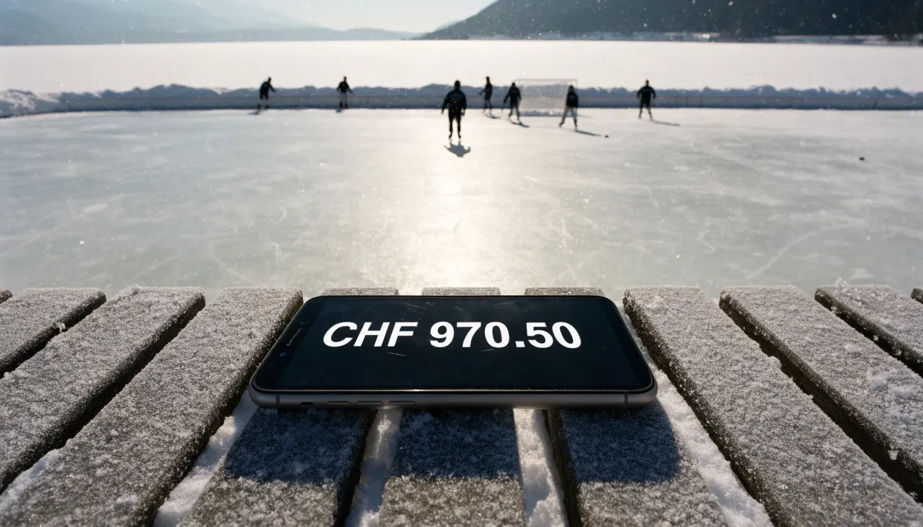 Ein Eishockeyfeld im Freien auf einem zugefrorenen See, Schneewehen an den Banden, klare Winterluft