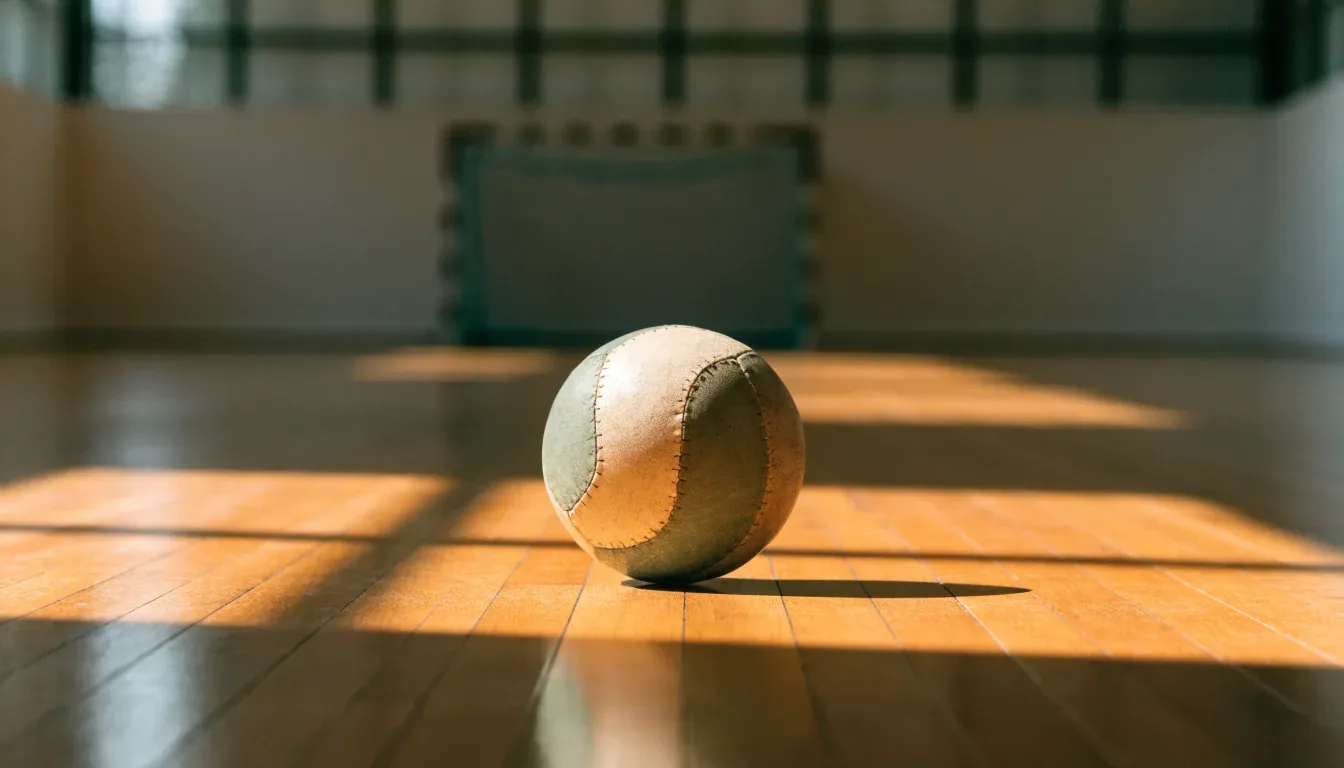 Ein Handball liegt auf dem Hallenboden einer leeren Sporthalle, Streifen von Licht aus den Oberlichtern