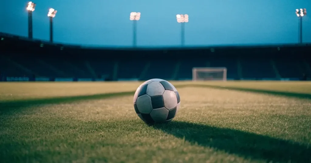Ein Fussball liegt auf dem Anstosspunkt eines leeren Rasenplatzes in der Abenddämmerung, im Hintergrund leuchten Flutlichtmasten.