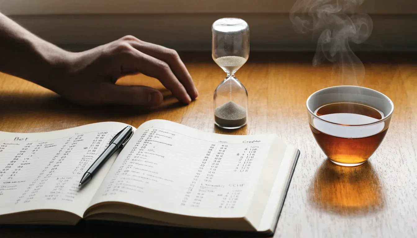 Eine Sanduhr steht neben einem Notizbuch mit handschriftlichen Notizen auf einem Holztisch, daneben dampft eine Tasse Tee.