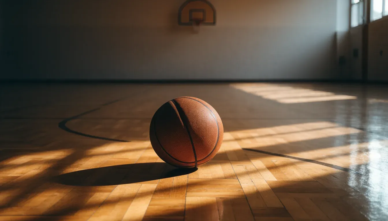 Ein Basketball ruht auf dem polierten Parkett einer leeren Halle, Nachmittagslicht fällt durch hohe Fenster.