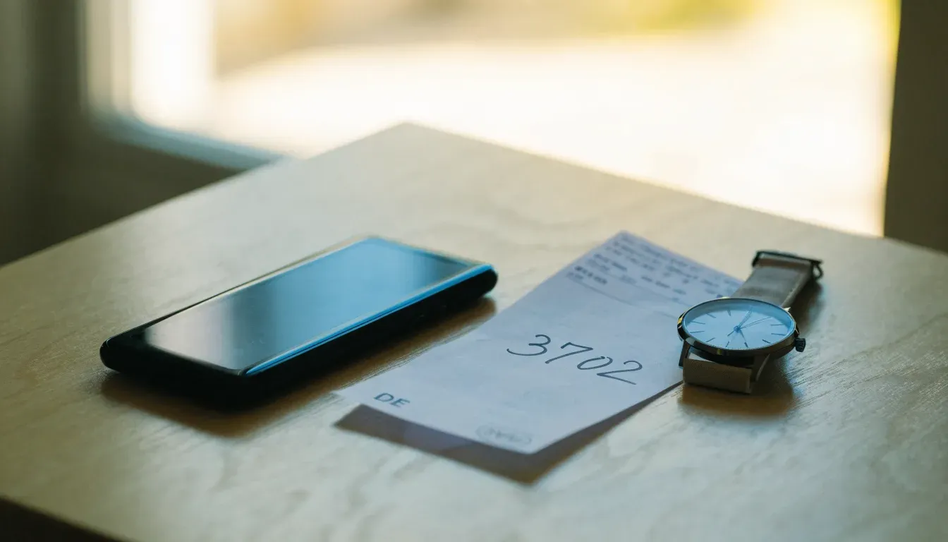 Ein Smartphone liegt mit dem Display nach unten auf einem Tisch neben einer Armbanduhr, im Hintergrund ein unscharfes Fenster.