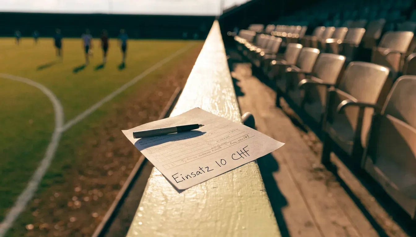 Leere Zuschauerränge eines kleinen Stadions im Herbstlicht, davor ein Rasenplatz mit frisch gezogenen Linien.