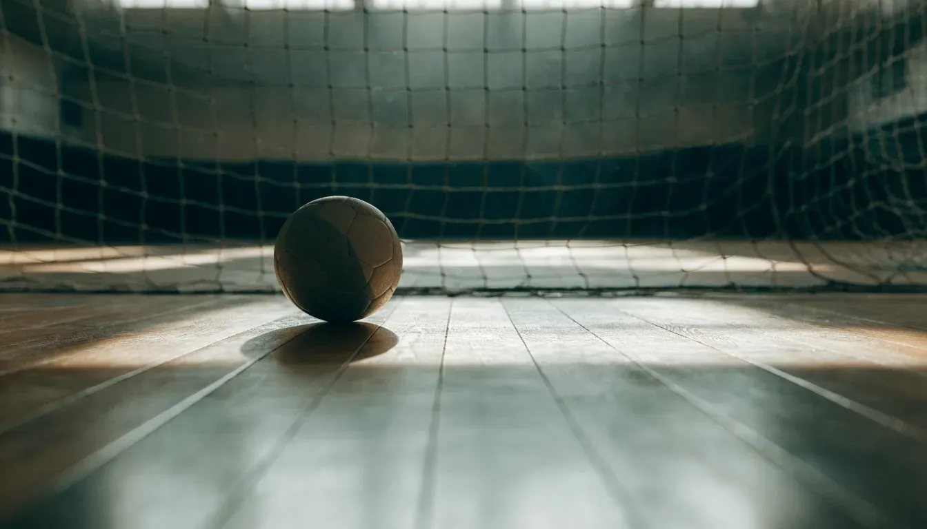 Ein Handball liegt am Rand des Torraums in einer leeren Sporthalle, Licht fällt durch Oberlichter auf den Hallenboden.