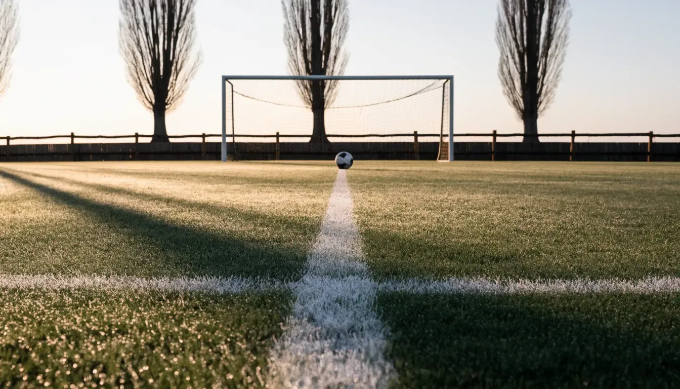 Ein Rasenspielfeld bei Sonnenaufgang, die Mittellinie verläuft quer durchs Bild und Tau glitzert auf dem Gras.