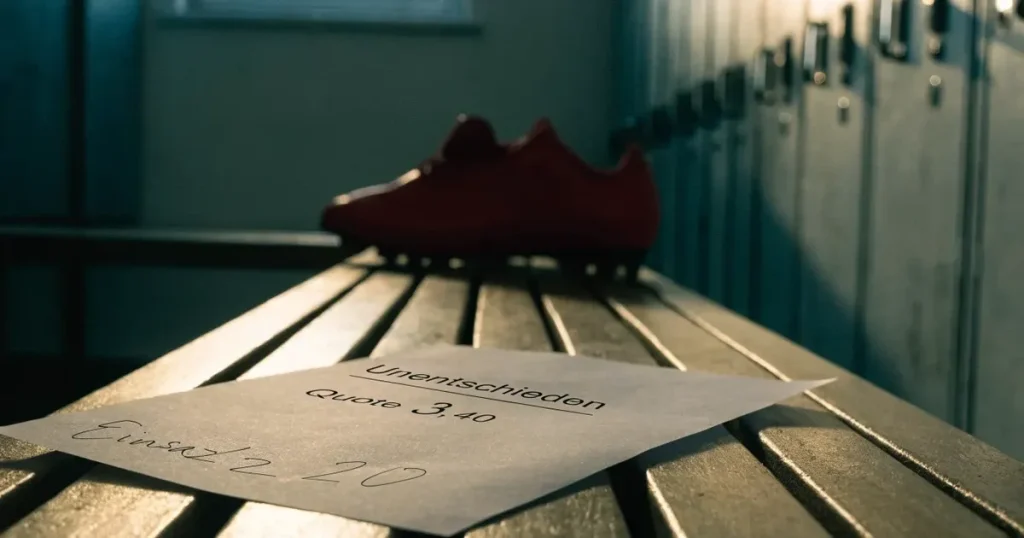 Zwei Fussballschuhe stehen nebeneinander auf einer Holzbank in einer leeren Umkleidekabine.