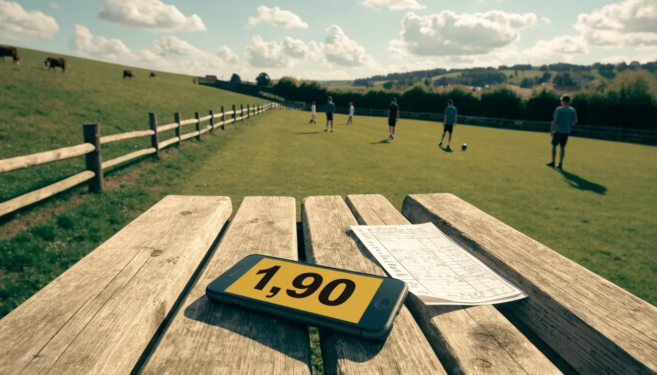 Ein Dorffussballplatz mit Holzzaun am Hang, dahinter grasen Kühe auf einer Weide unter hohen Wolken.