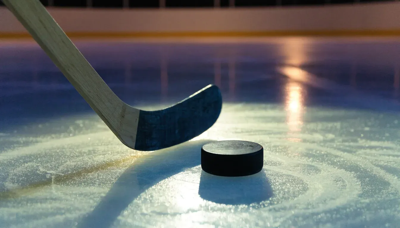Ein Eishockeypuck und ein Schläger liegen auf einer glänzenden Eisfläche, im Hintergrund verschwimmen leere Banden.