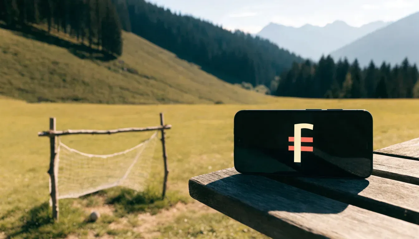 Eine Almwiese mit einem kleinen Holztor für Kinderfussball, dahinter erheben sich bewaldete Hänge im Nachmittagslicht.