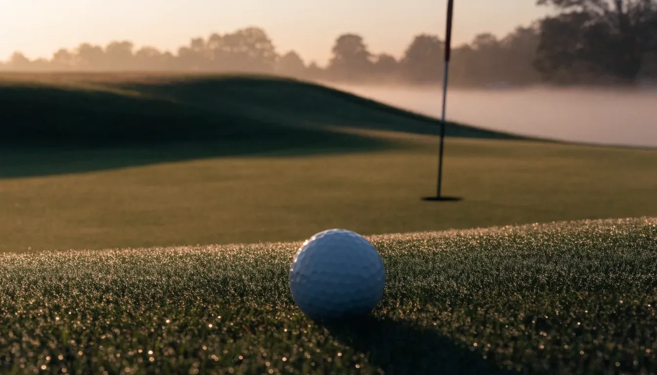 Ein Golfgrün bei Sonnenaufgang mit Tau auf dem Rasen, die Fahnenstange fehlt und im Hintergrund ziehen Nebelschwaden.