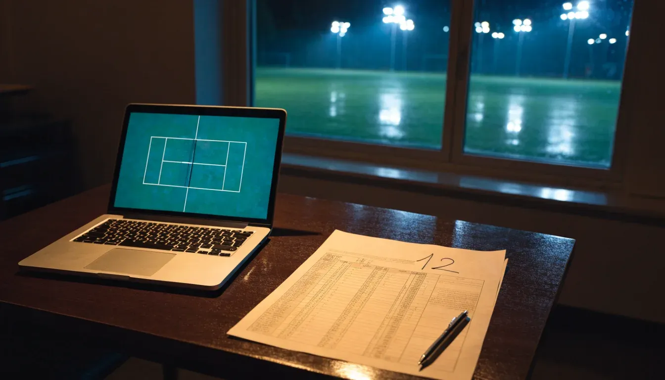 Hohe Flutlichtmasten ragen nachts über einen leeren Trainingsplatz, der Rasen glänzt im weissen Licht.