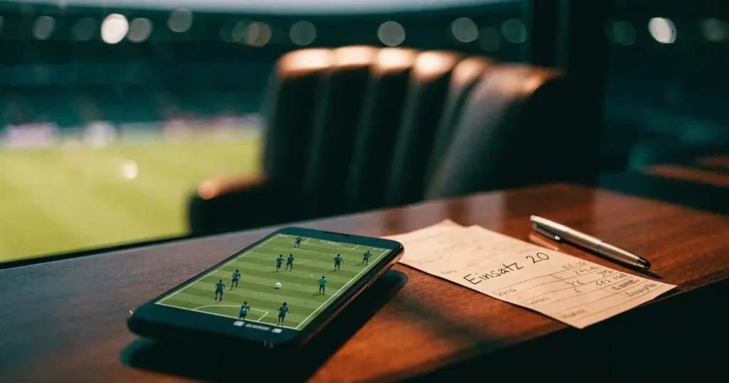 Ein leerer Ledersessel steht in einer Stadionloge mit Blick auf das Spielfeld im Abendlicht.