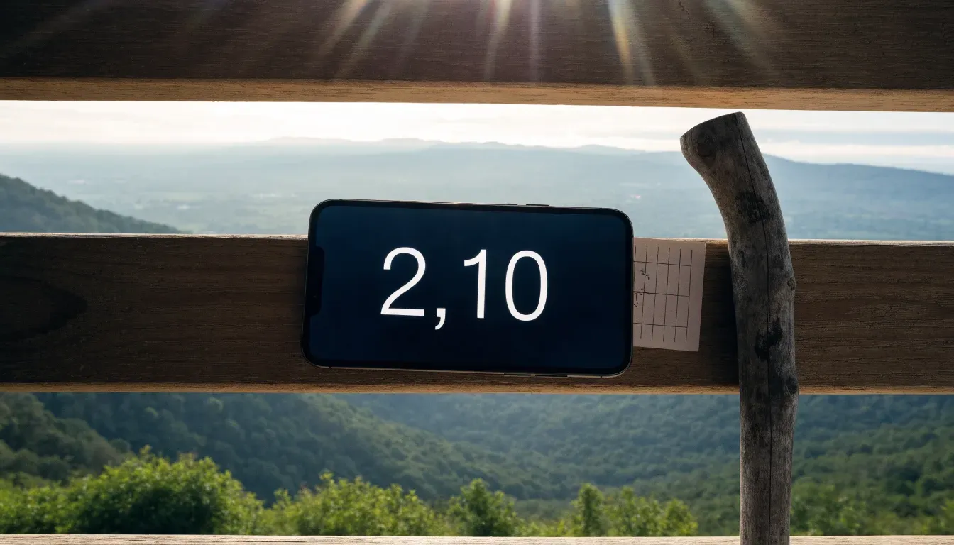Ein Wanderstock lehnt an einer Holzbank auf einem Aussichtspunkt, dahinter breitet sich ein Tal im Dunst aus.