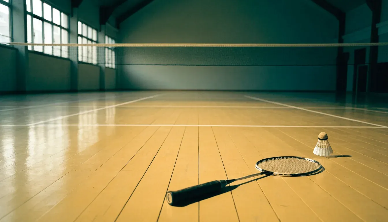Ein Badmintonschläger liegt neben einem Federball auf dem hellen Hallenboden eines leeren Spielfelds.