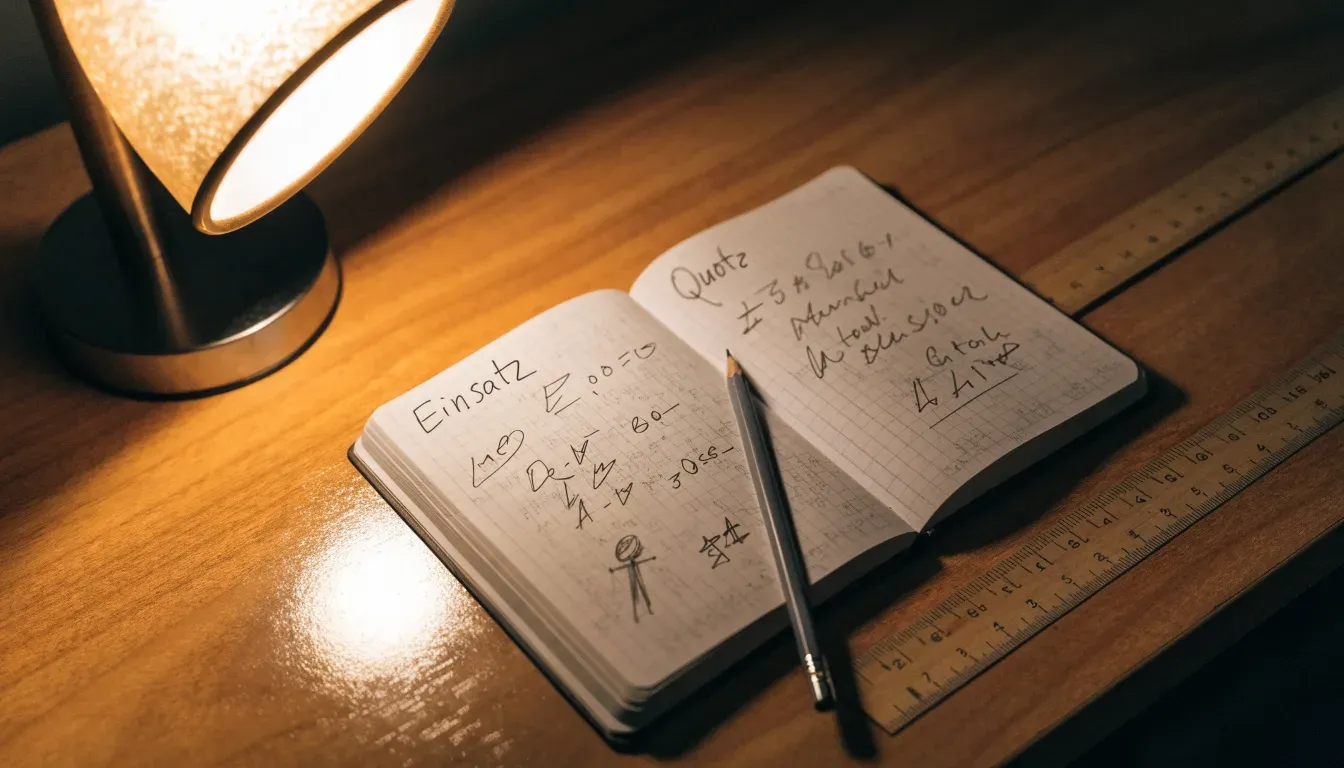 Eine Schreibtischlampe beleuchtet ein kariertes Heft mit handschriftlichen Skizzen, daneben liegt ein Lineal aus Holz.
