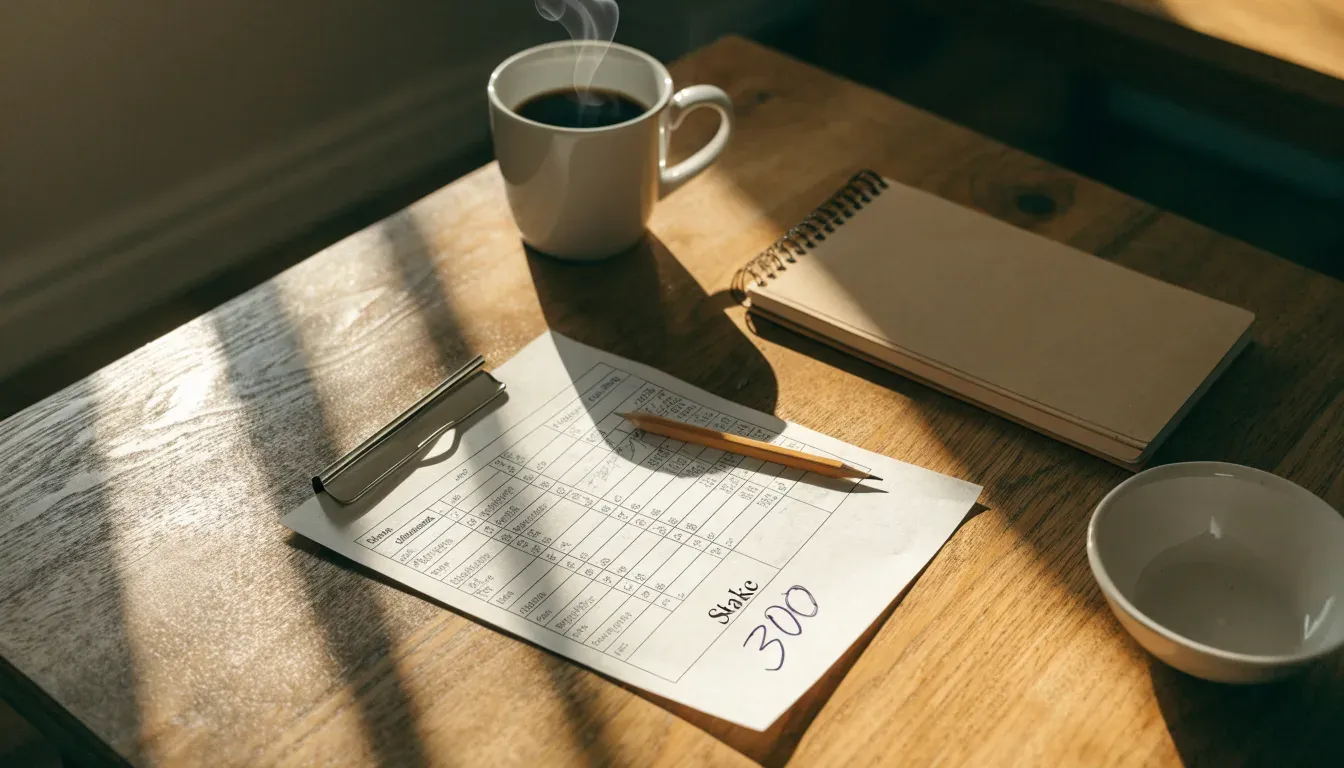 Eine Tasse Kaffee und ein Bleistift liegen auf einem sonnenbeschienenen Küchentisch neben einem leeren Notizblock.